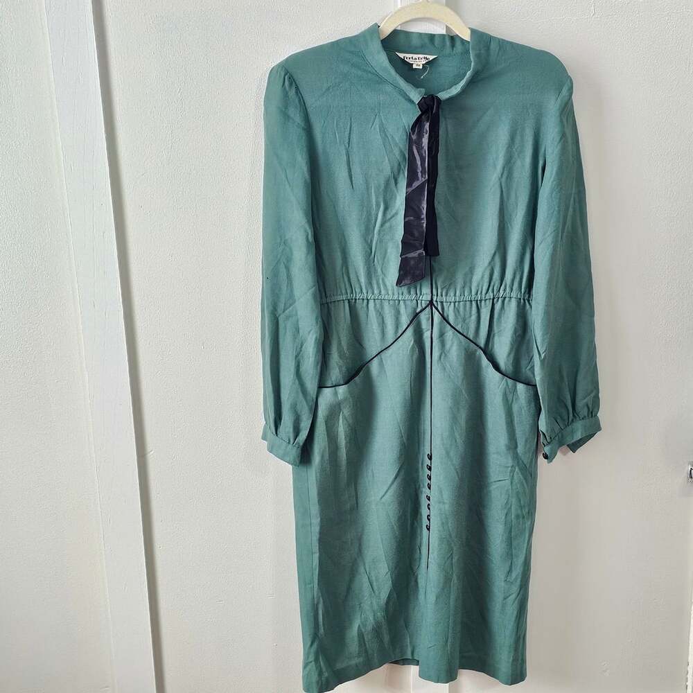 Vintage Porta Belle Dress Size 40 Teal Black Tie Secretary 80s Midi Retro